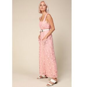 Line and Dot Women’s Corona Pink Crocheted Lace Wide Leg Square Neck Jumpsuit